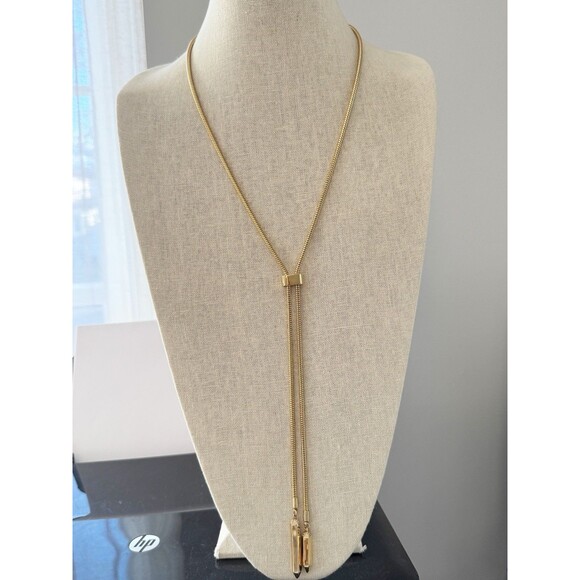 Gold Plated Lariat Necklace Snake Chain Geometric Rhinestone Drop Beads - Picture 7 of 10